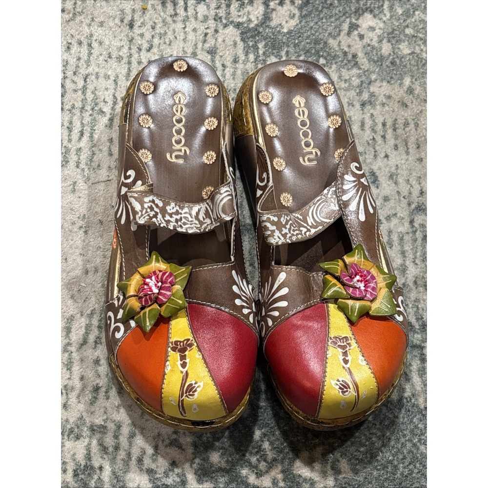 Socofy Boho Leather Floral Platform Clogs Mules Multicolor Size 41 US 9.5-10